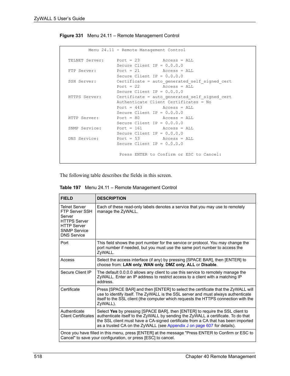 Figure 331 menu 24.11 – remote management control, Table 197 menu 24.11 – remote management control | ZyXEL Communications ZyXEL ZyWALL 5 User Manual | Page 519 / 667