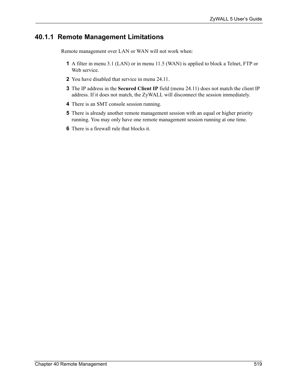 1 remote management limitations | ZyXEL Communications ZyXEL ZyWALL 5 User Manual | Page 520 / 667