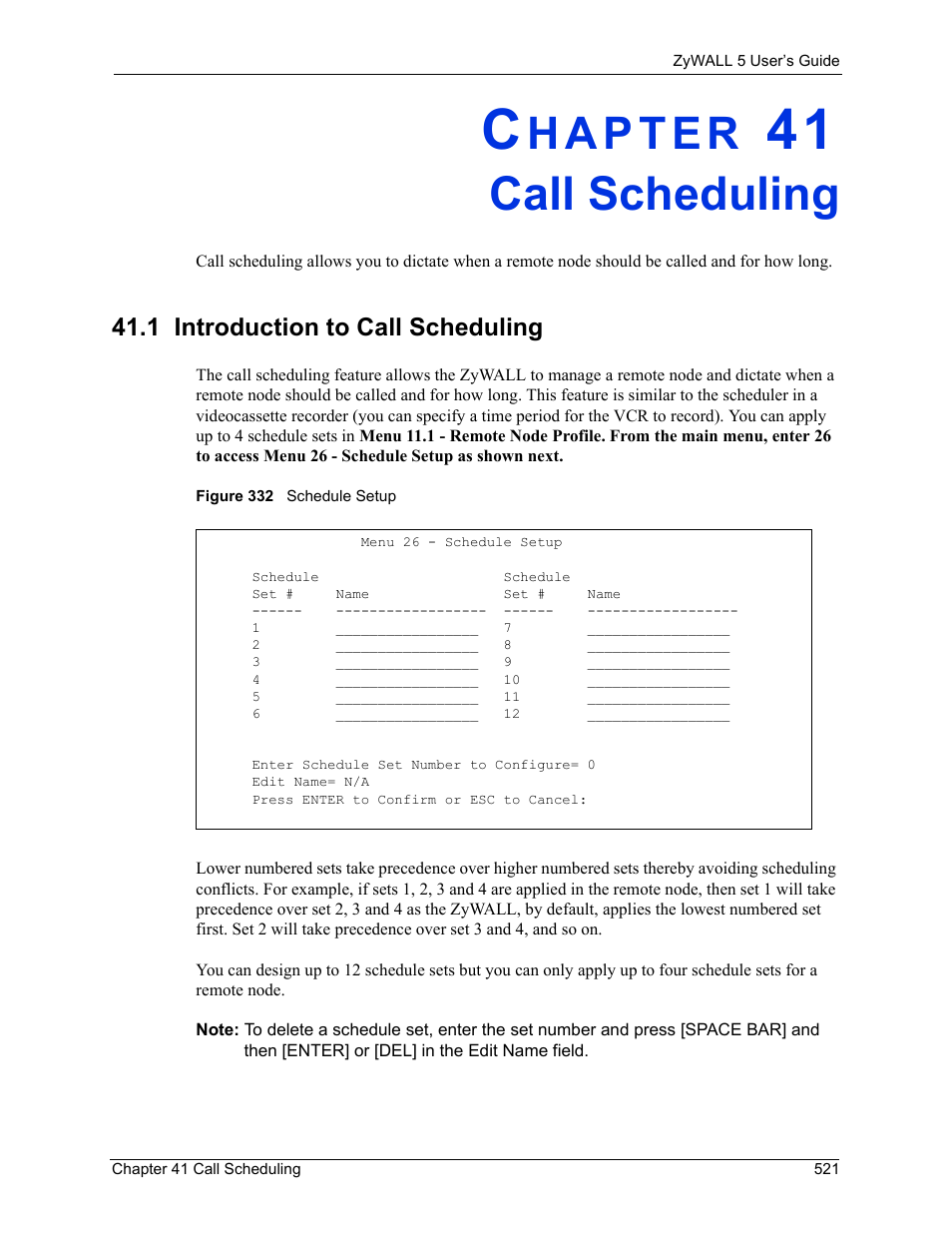 Call scheduling, 1 introduction to call scheduling, Chapter 41 call scheduling | Figure 332 schedule setup, Chapter, Chapter 41 | ZyXEL Communications ZyXEL ZyWALL 5 User Manual | Page 522 / 667