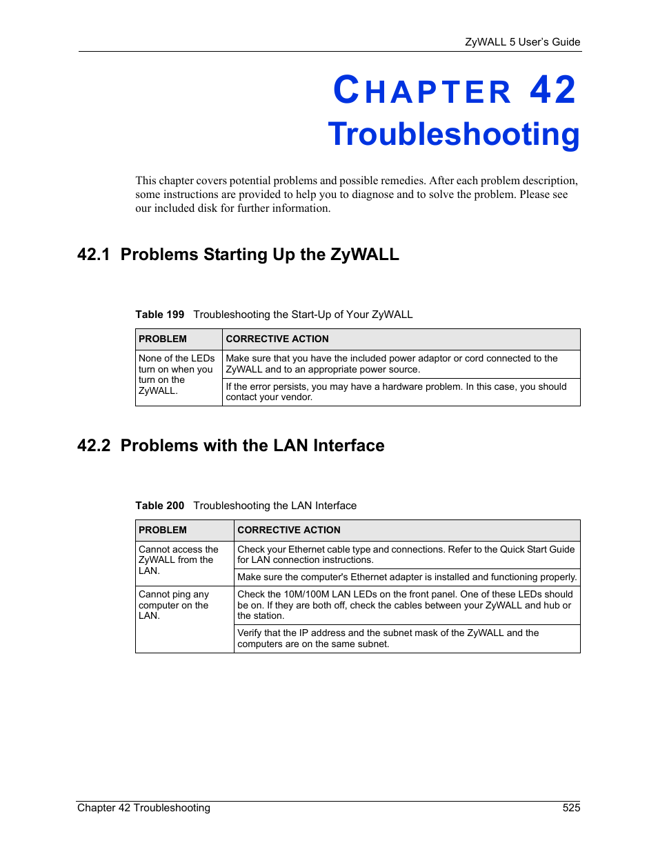 Troubleshooting, 1 problems starting up the zywall, 2 problems with the lan interface | Chapter 42 troubleshooting | ZyXEL Communications ZyXEL ZyWALL 5 User Manual | Page 526 / 667