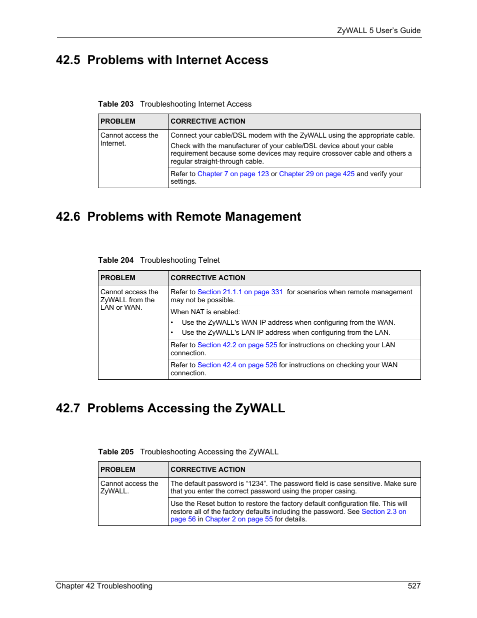 5 problems with internet access, 6 problems with remote management, 7 problems accessing the zywall | ZyXEL Communications ZyXEL ZyWALL 5 User Manual | Page 528 / 667