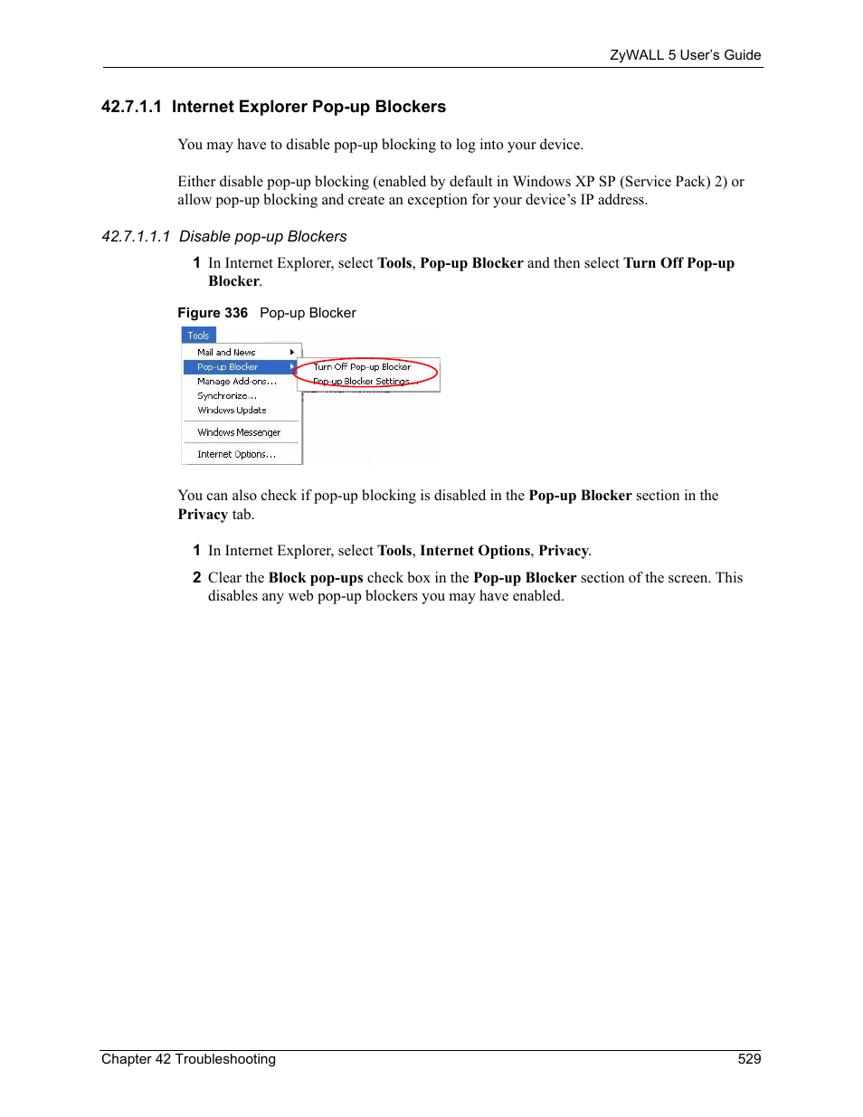 1 internet explorer pop-up blockers, Figure 336 pop-up blocker | ZyXEL Communications ZyXEL ZyWALL 5 User Manual | Page 530 / 667