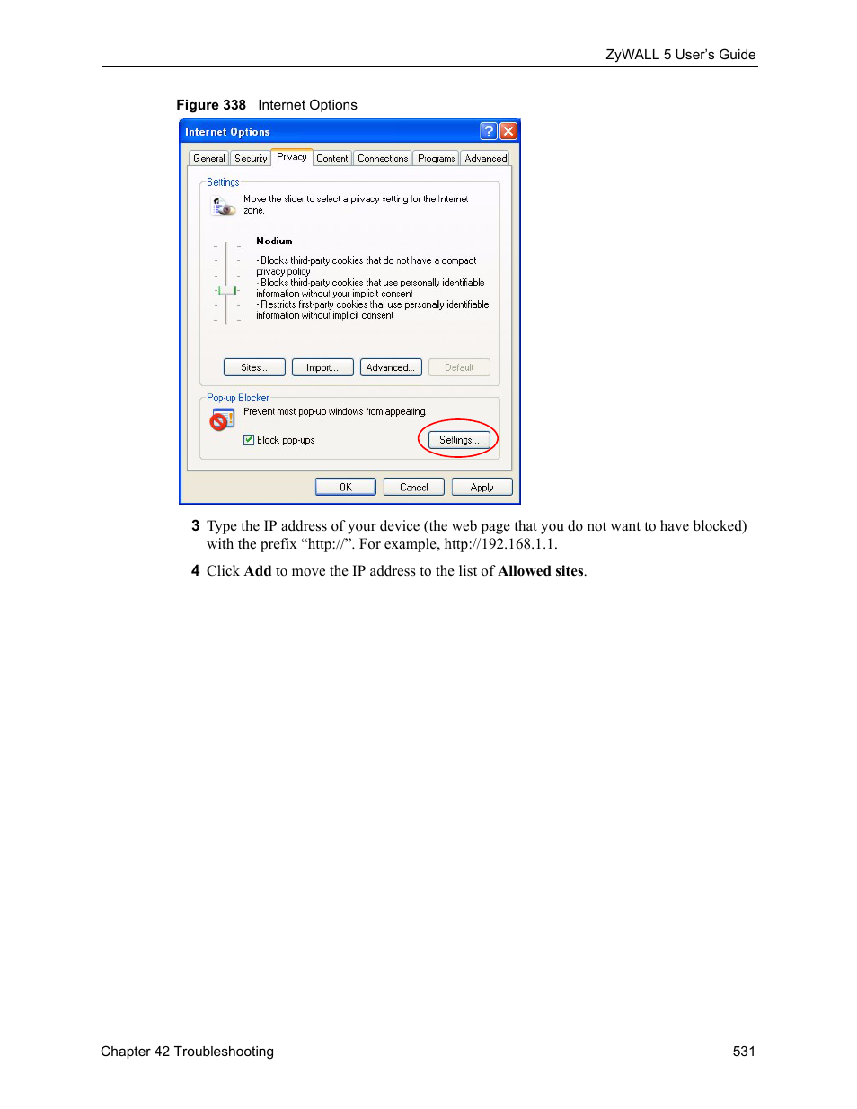Figure 338 internet options | ZyXEL Communications ZyXEL ZyWALL 5 User Manual | Page 532 / 667