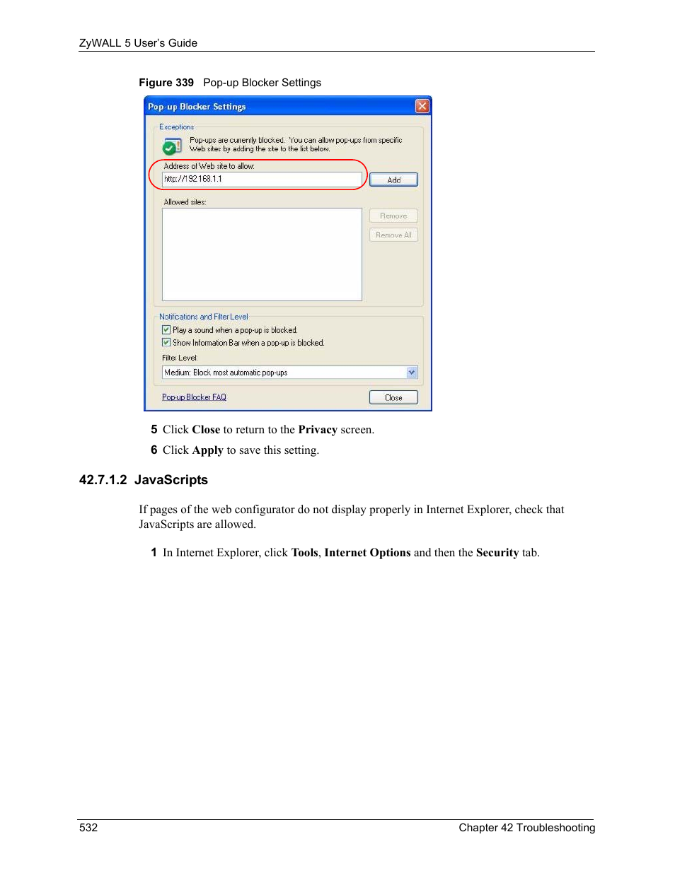 2 javascripts, Figure 339 pop-up blocker settings | ZyXEL Communications ZyXEL ZyWALL 5 User Manual | Page 533 / 667