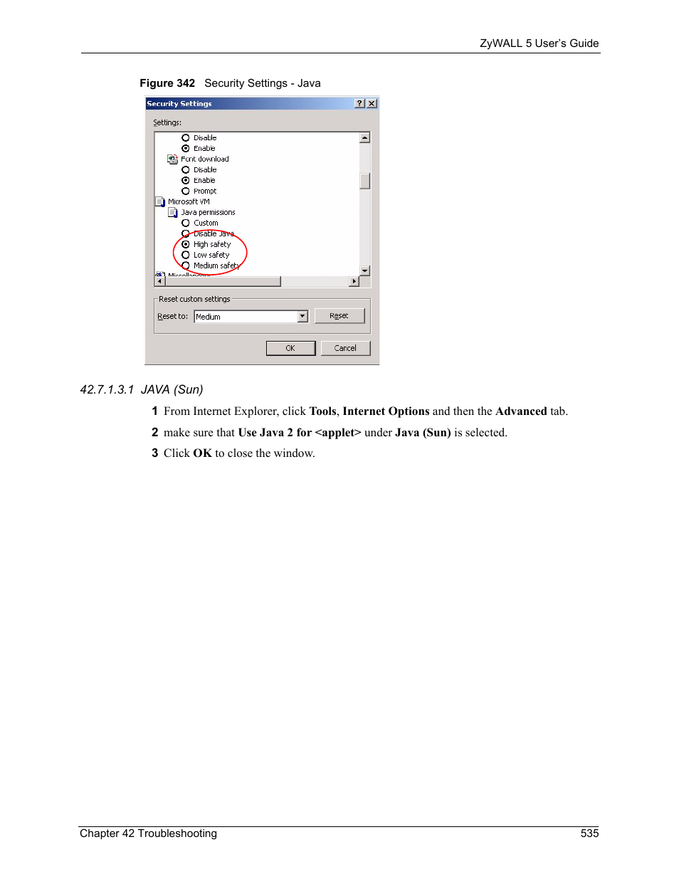 Figure 342 security settings - java | ZyXEL Communications ZyXEL ZyWALL 5 User Manual | Page 536 / 667