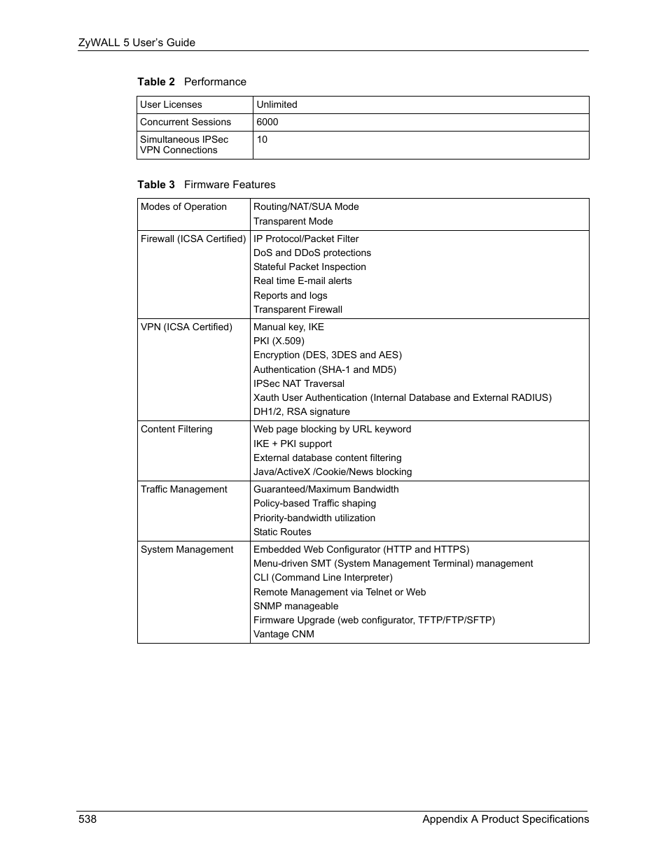 Table 3 firmware features | ZyXEL Communications ZyXEL ZyWALL 5 User Manual | Page 539 / 667