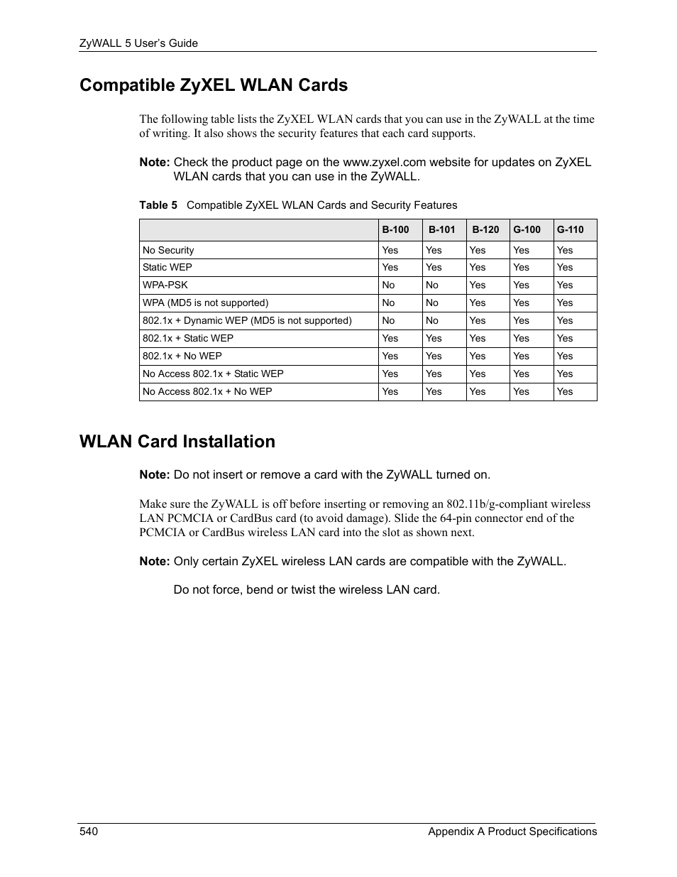 Compatible zyxel wlan cards, Wlan card installation | ZyXEL Communications ZyXEL ZyWALL 5 User Manual | Page 541 / 667