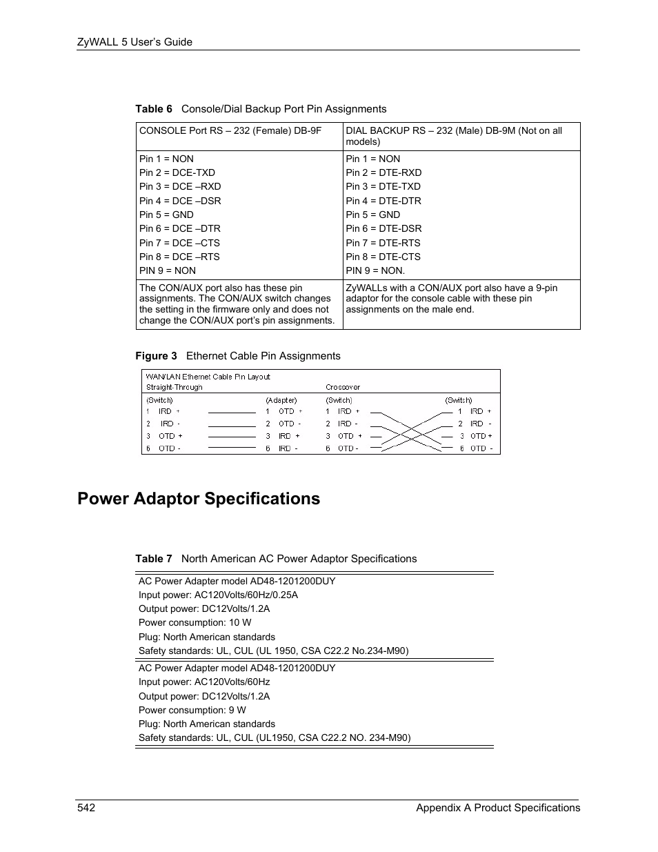 Power adaptor specifications, Figure 3 ethernet cable pin assignments | ZyXEL Communications ZyXEL ZyWALL 5 User Manual | Page 543 / 667