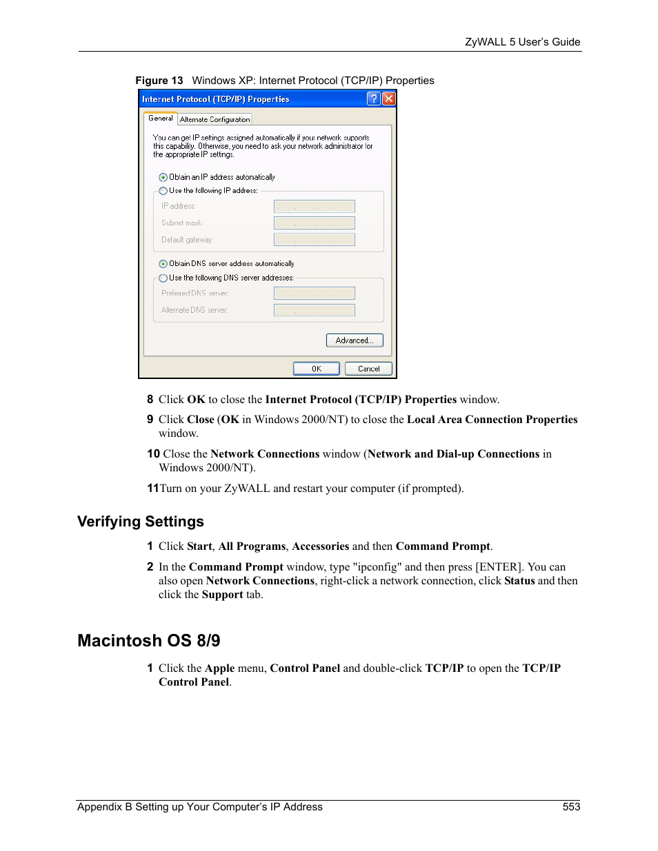 Verifying settings, Macintosh os 8/9 | ZyXEL Communications ZyXEL ZyWALL 5 User Manual | Page 554 / 667