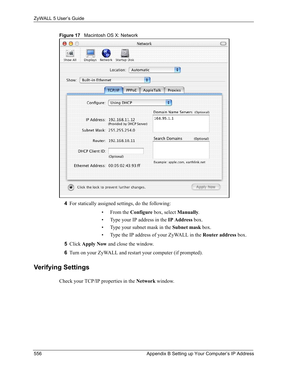 Verifying settings, Figure 17 macintosh os x: network | ZyXEL Communications ZyXEL ZyWALL 5 User Manual | Page 557 / 667