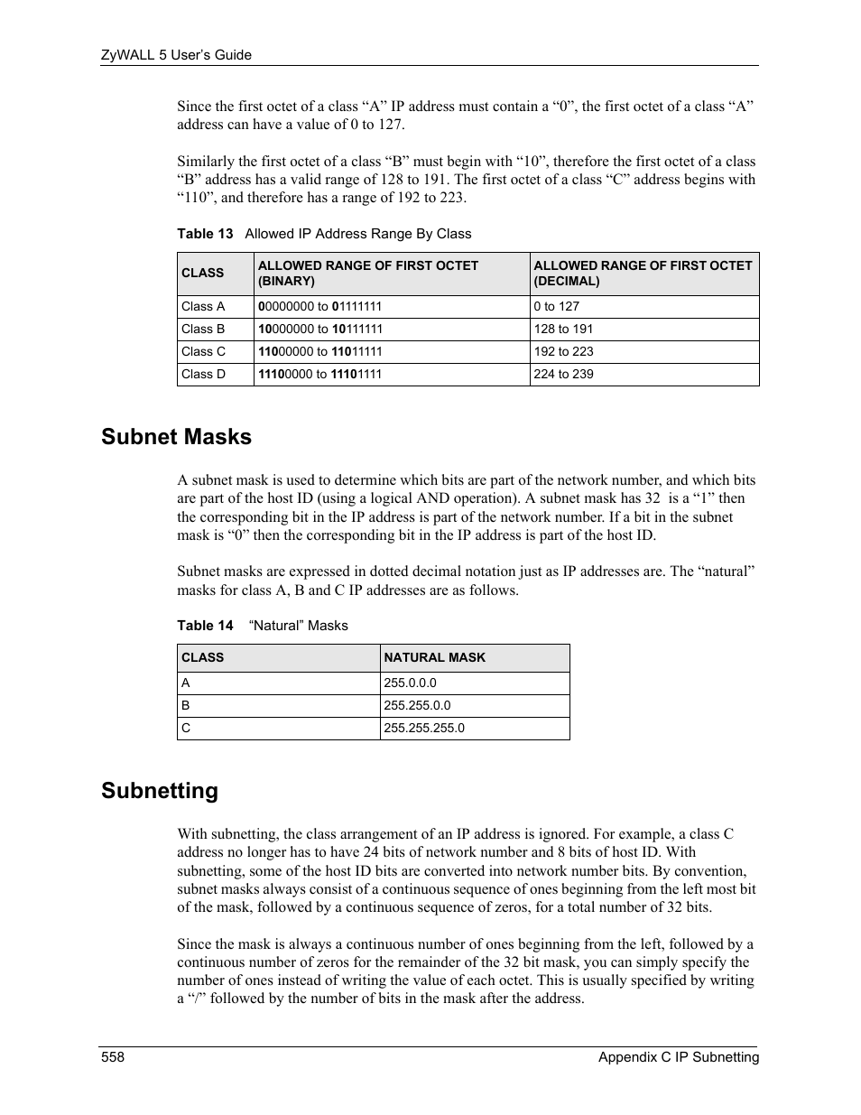 Subnet masks, Subnetting | ZyXEL Communications ZyXEL ZyWALL 5 User Manual | Page 559 / 667