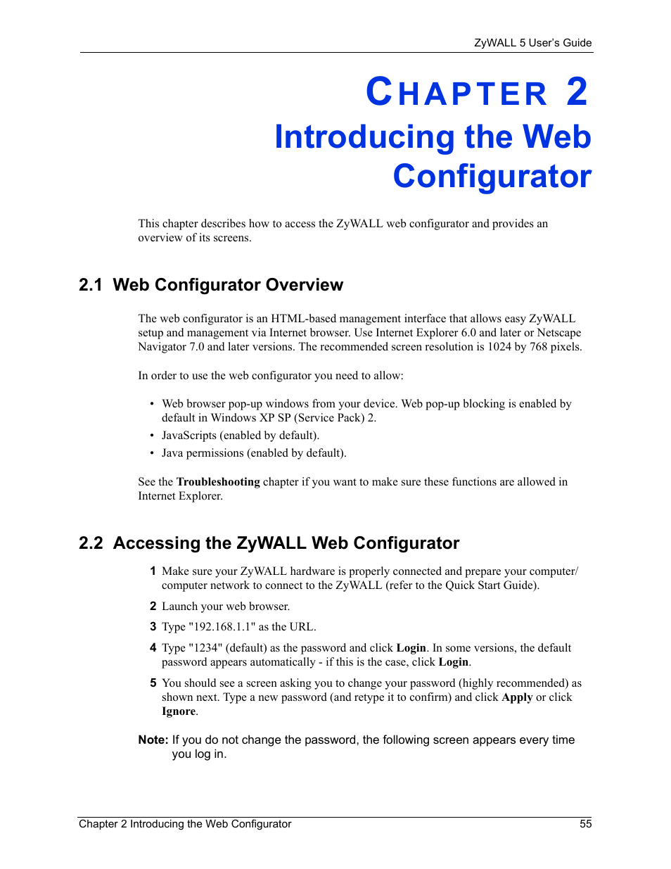 Introducing the web configurator, 1 web configurator overview, 2 accessing the zywall web configurator | Chapter 2 introducing the web configurator | ZyXEL Communications ZyXEL ZyWALL 5 User Manual | Page 56 / 667