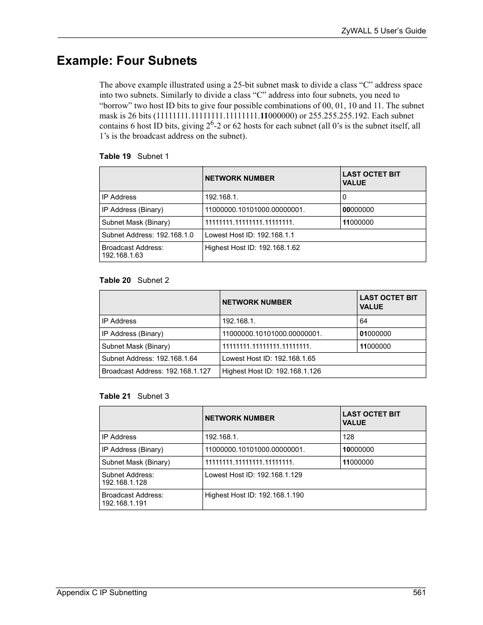 Example: four subnets | ZyXEL Communications ZyXEL ZyWALL 5 User Manual | Page 562 / 667