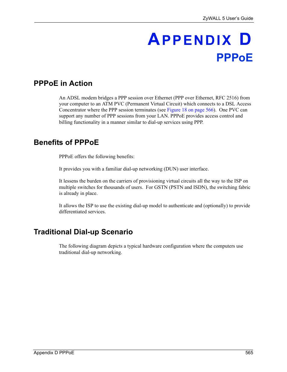 D. pppoe, Pppoe in action, Benefits of pppoe | Traditional dial-up scenario, Appendix d pppoe, Pppoe | ZyXEL Communications ZyXEL ZyWALL 5 User Manual | Page 566 / 667