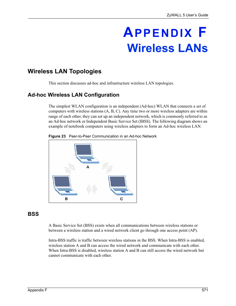 F. wireless lans, Wireless lan topologies, Ad-hoc wireless lan configuration | Appendix f wireless lans, Wireless lans | ZyXEL Communications ZyXEL ZyWALL 5 User Manual | Page 572 / 667