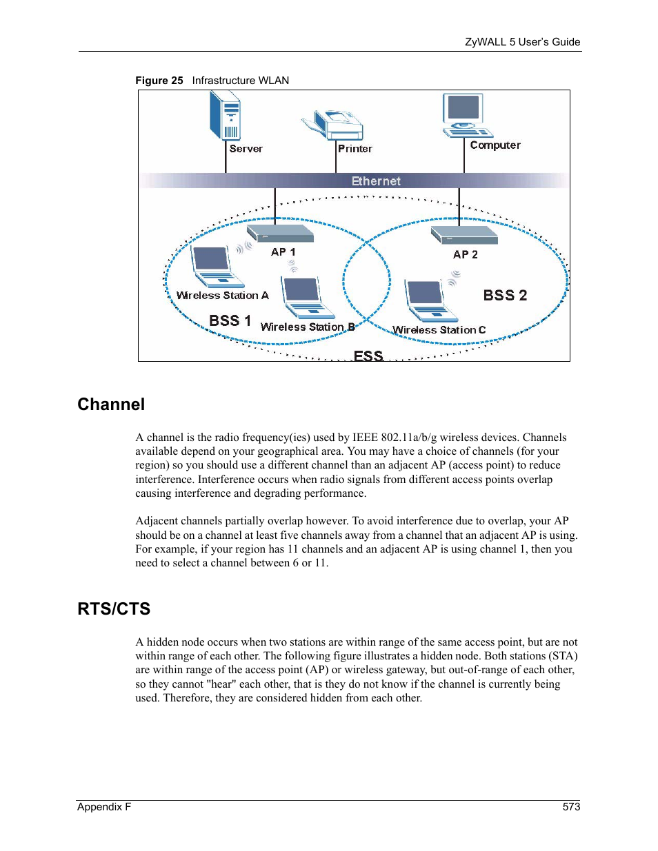 Channel, Rts/cts, Figure 25 infrastructure wlan | ZyXEL Communications ZyXEL ZyWALL 5 User Manual | Page 574 / 667