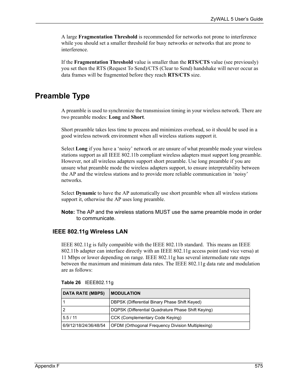 Preamble type, Table 26 ieee802.11g | ZyXEL Communications ZyXEL ZyWALL 5 User Manual | Page 576 / 667