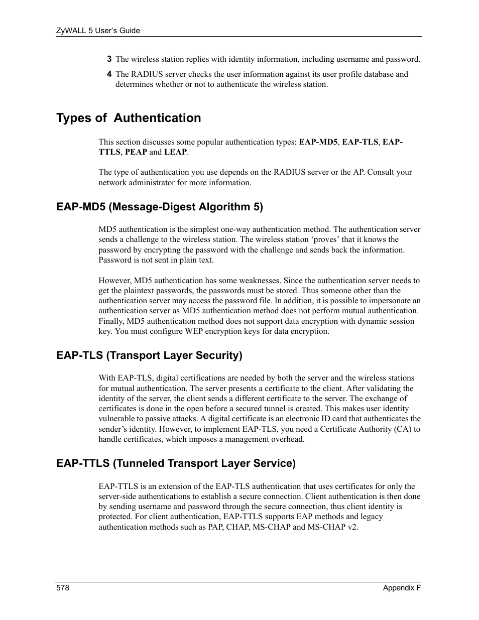 Types of authentication, Eap-md5 (message-digest algorithm 5), Eap-tls (transport layer security) | Eap-ttls (tunneled transport layer service) | ZyXEL Communications ZyXEL ZyWALL 5 User Manual | Page 579 / 667