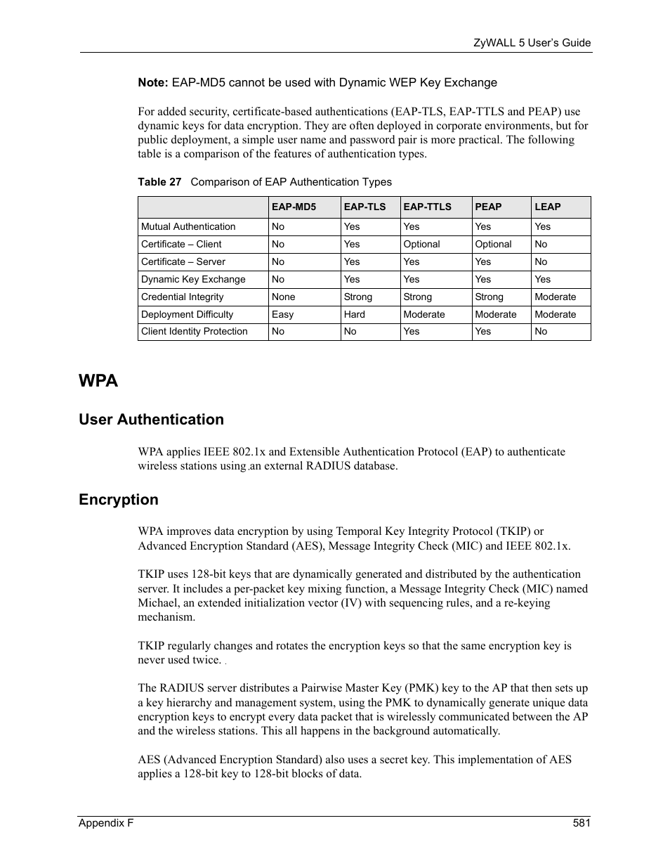 User authentication, Encryption, Table 27 comparison of eap authentication types | ZyXEL Communications ZyXEL ZyWALL 5 User Manual | Page 582 / 667