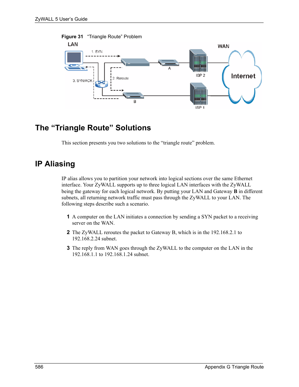 The “triangle route” solutions, Ip aliasing, Figure 31 “triangle route” problem | ZyXEL Communications ZyXEL ZyWALL 5 User Manual | Page 587 / 667