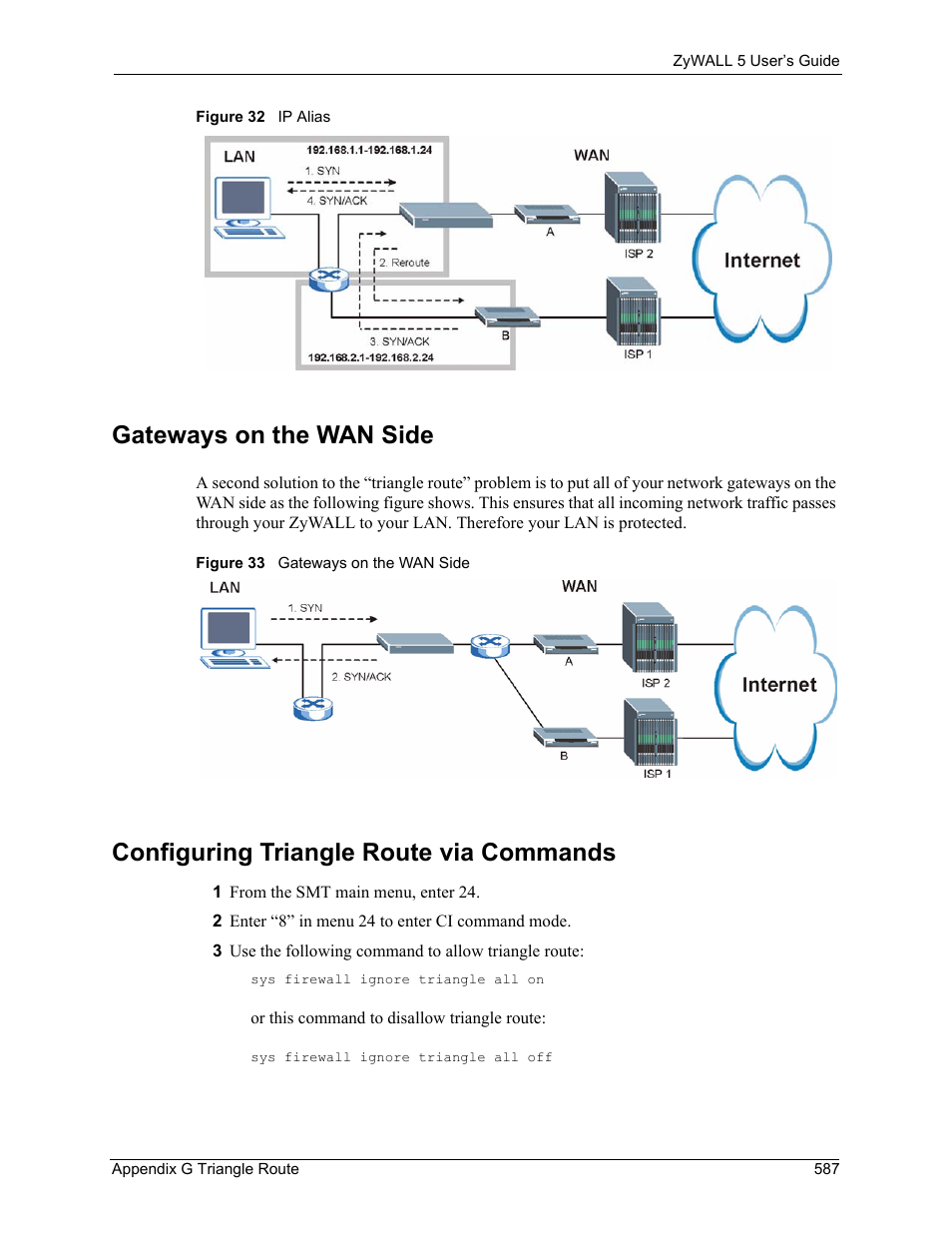 Gateways on the wan side, Configuring triangle route via commands | ZyXEL Communications ZyXEL ZyWALL 5 User Manual | Page 588 / 667