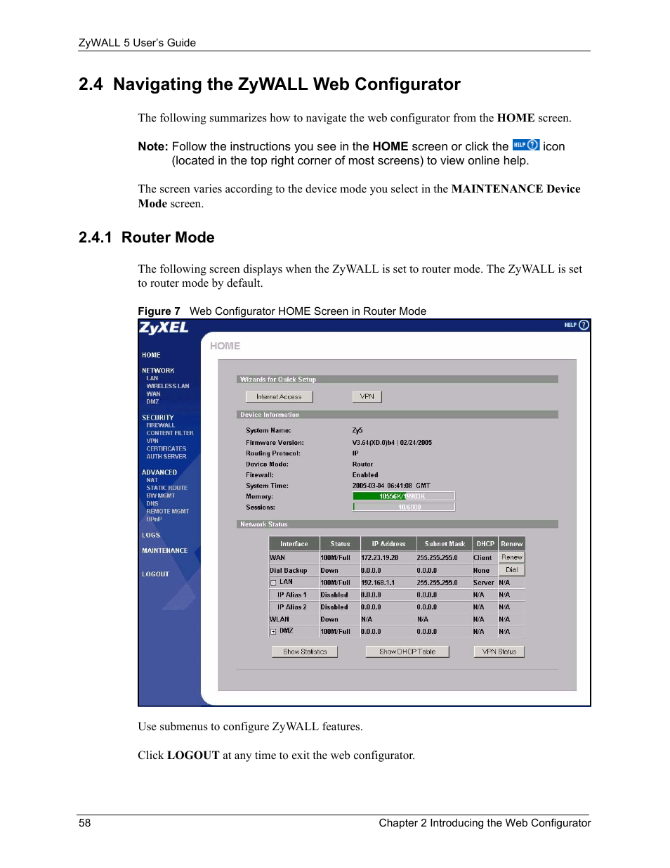 4 navigating the zywall web configurator, 1 router mode | ZyXEL Communications ZyXEL ZyWALL 5 User Manual | Page 59 / 667