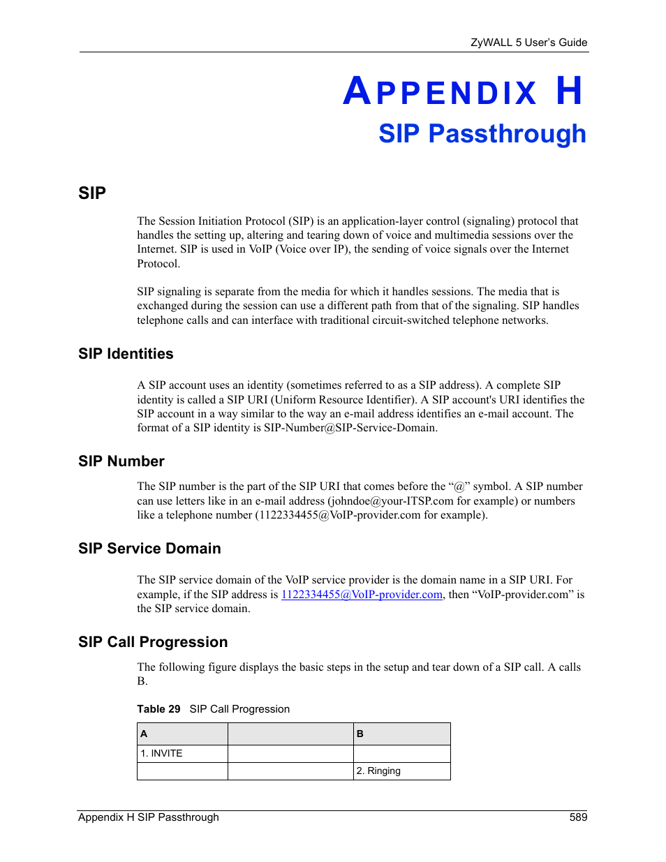 H. sip passthrough, Sip identities, Sip number | Sip service domain, Sip call progression, Appendix h sip passthrough, Table 29 sip call progression, Sip passthrough | ZyXEL Communications ZyXEL ZyWALL 5 User Manual | Page 590 / 667