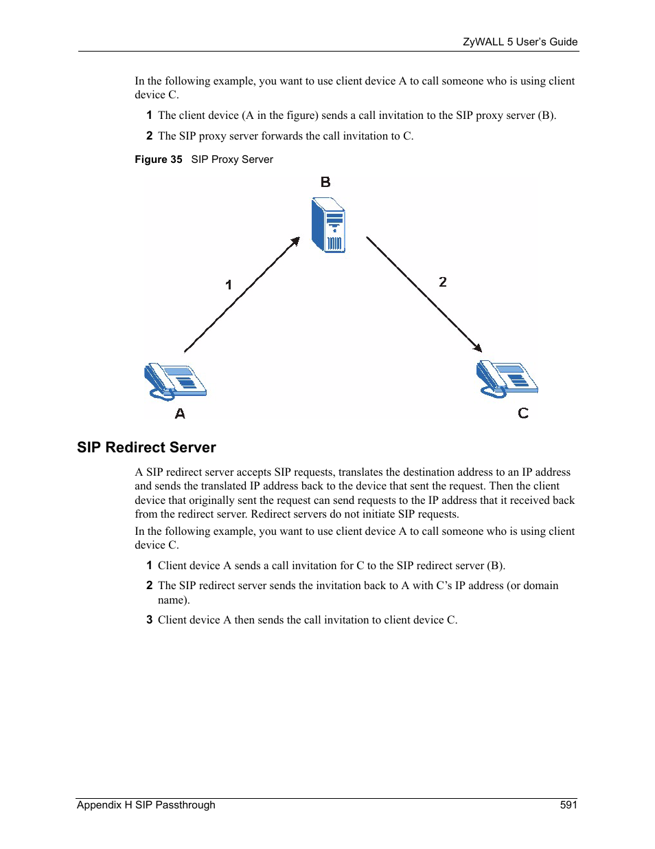 Sip redirect server, Figure 35 sip proxy server | ZyXEL Communications ZyXEL ZyWALL 5 User Manual | Page 592 / 667