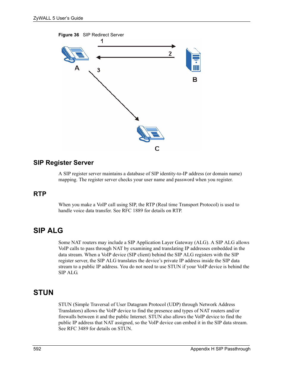 Sip register server, Sip alg, Stun | Figure 36 sip redirect server | ZyXEL Communications ZyXEL ZyWALL 5 User Manual | Page 593 / 667