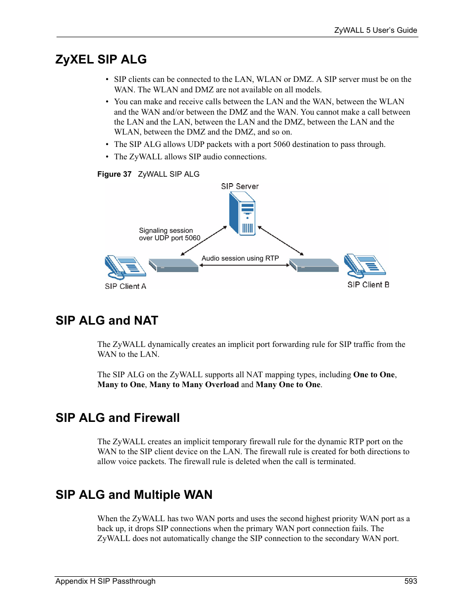 Zyxel sip alg, Sip alg and nat, Sip alg and firewall | Sip alg and multiple wan, Figure 37 zywall sip alg | ZyXEL Communications ZyXEL ZyWALL 5 User Manual | Page 594 / 667