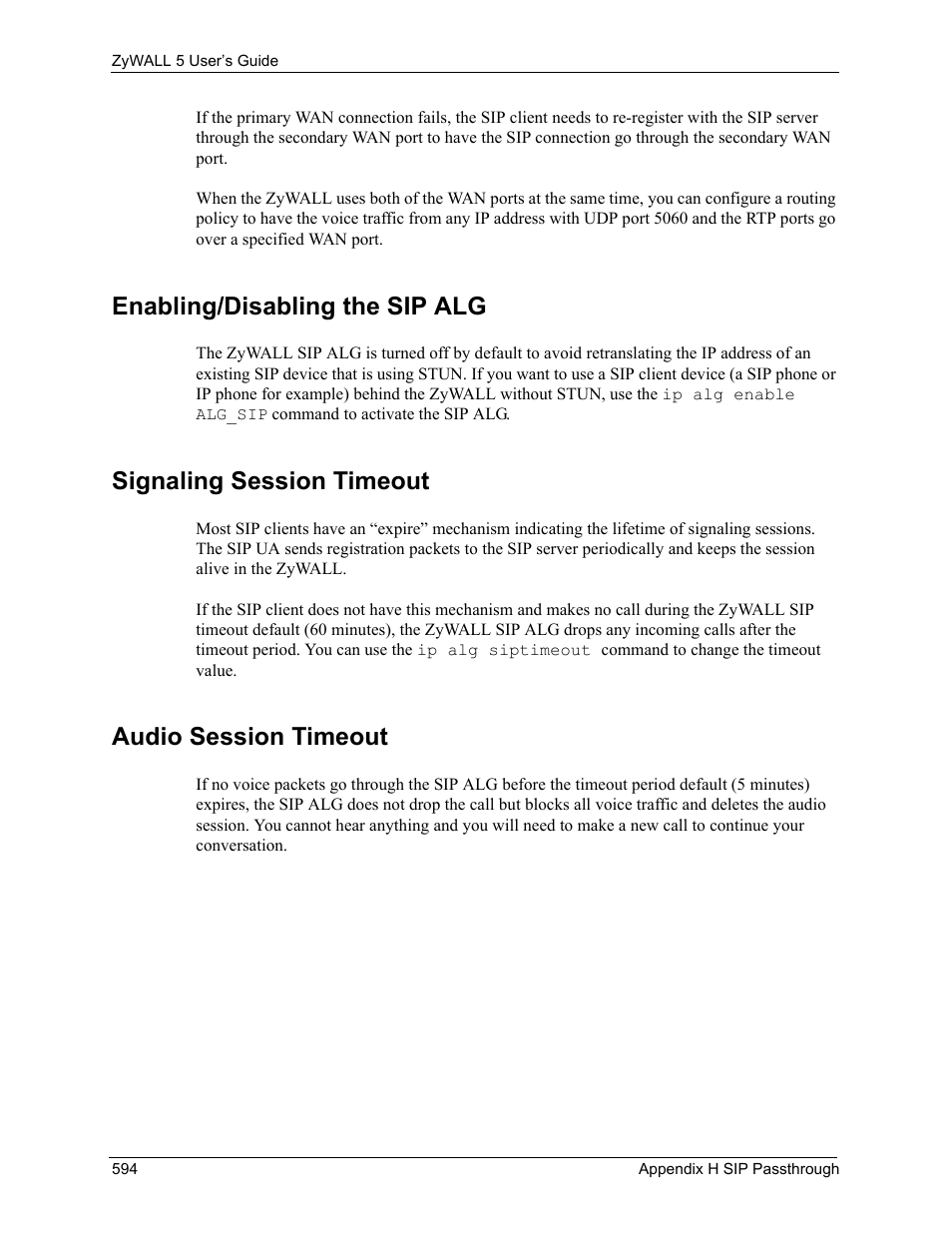 Enabling/disabling the sip alg, Signaling session timeout, Audio session timeout | ZyXEL Communications ZyXEL ZyWALL 5 User Manual | Page 595 / 667