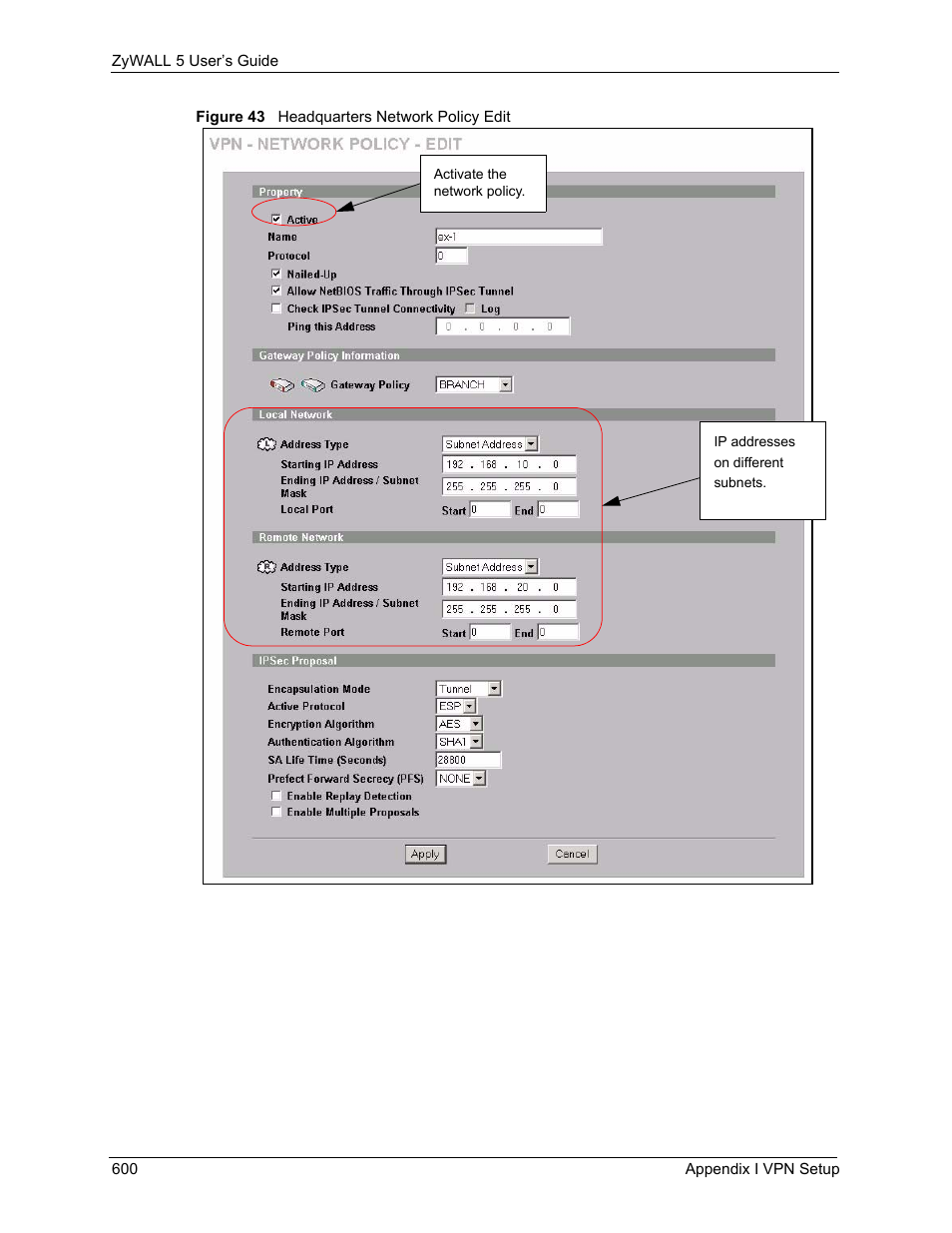 Figure 43 headquarters network policy edit | ZyXEL Communications ZyXEL ZyWALL 5 User Manual | Page 601 / 667