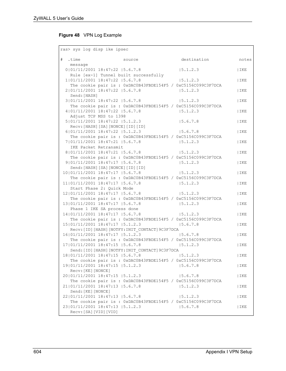 Figure 48 vpn log example | ZyXEL Communications ZyXEL ZyWALL 5 User Manual | Page 605 / 667