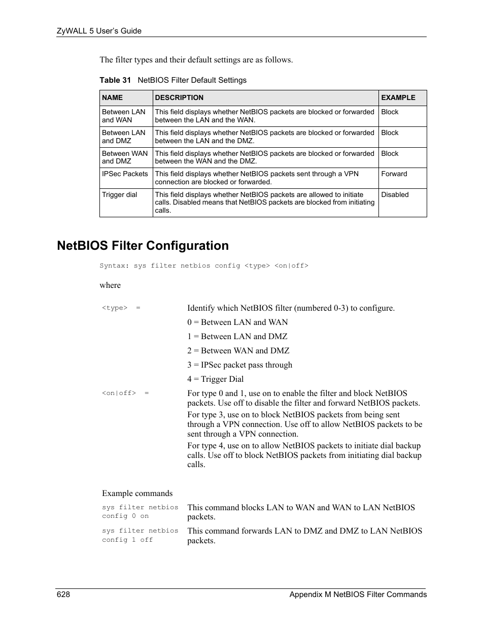 Netbios filter configuration, Table 31 netbios filter default settings | ZyXEL Communications ZyXEL ZyWALL 5 User Manual | Page 629 / 667