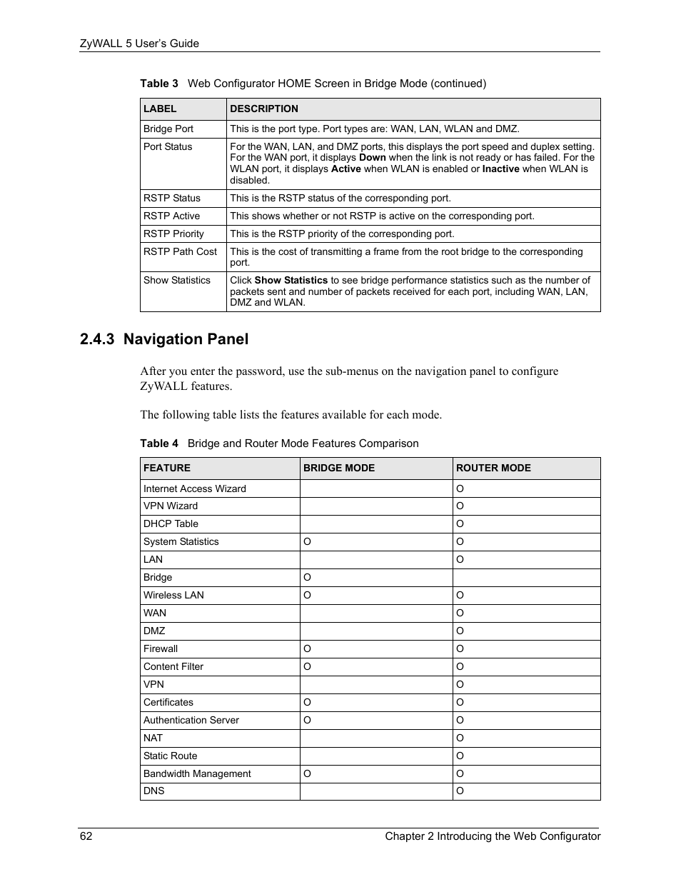 3 navigation panel, Table 4 bridge and router mode features comparison | ZyXEL Communications ZyXEL ZyWALL 5 User Manual | Page 63 / 667