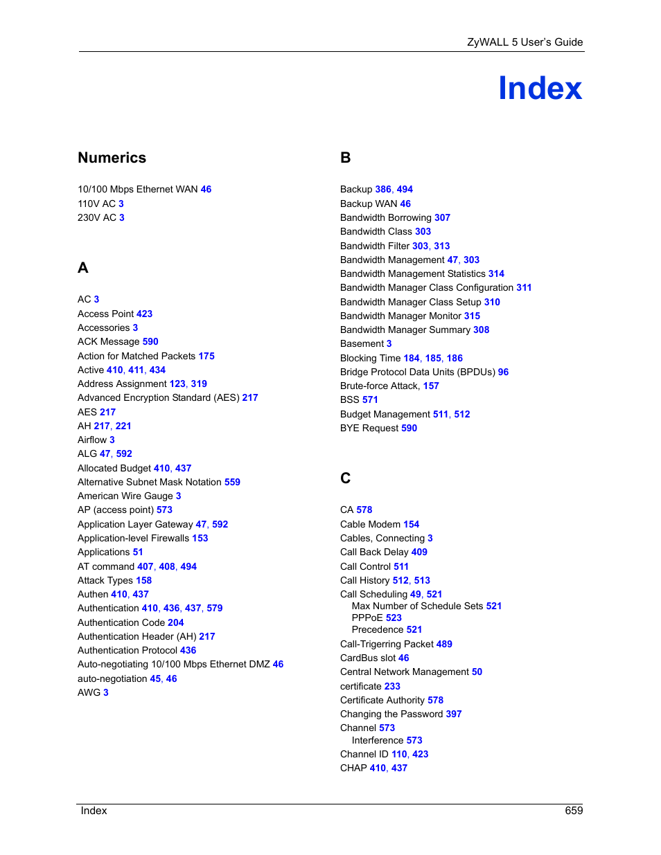Index, Numerics | ZyXEL Communications ZyXEL ZyWALL 5 User Manual | Page 660 / 667