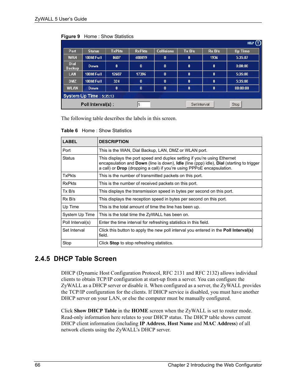 5 dhcp table screen, Figure 9 home : show statistics, Table 6 home : show statistics | ZyXEL Communications ZyXEL ZyWALL 5 User Manual | Page 67 / 667