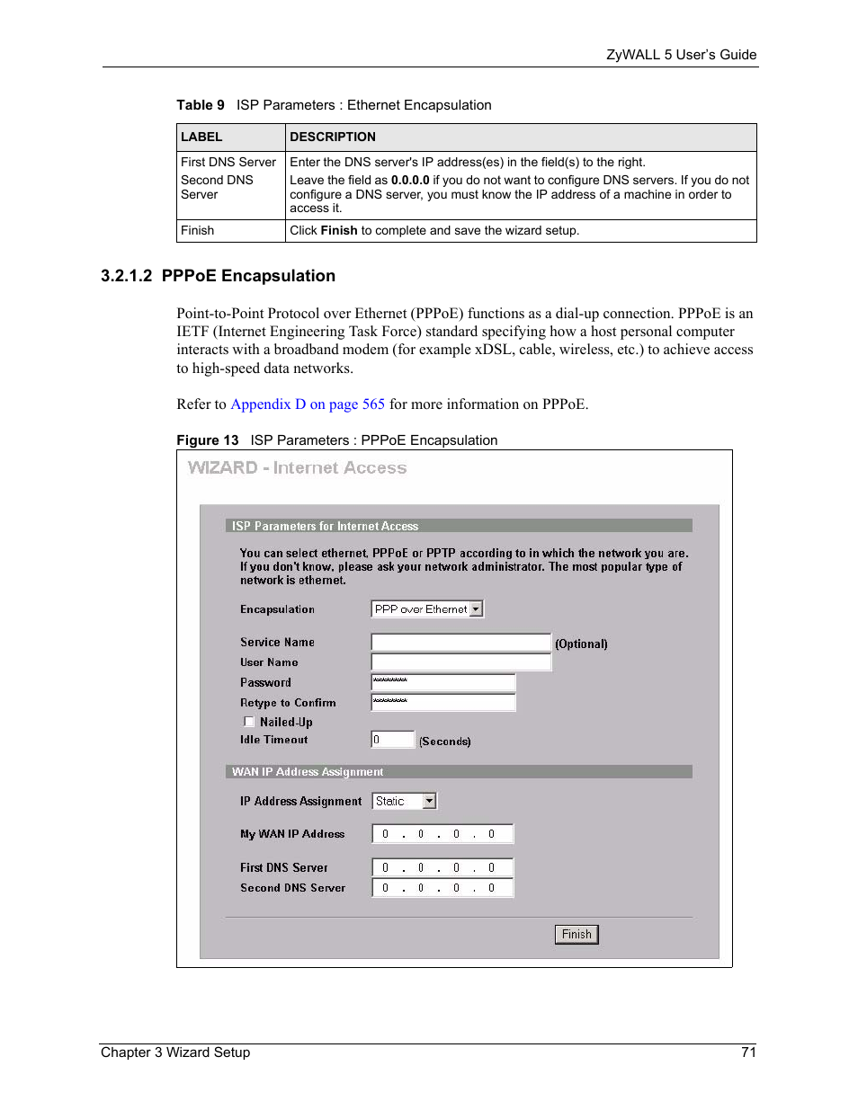 2 pppoe encapsulation, Figure 13 isp parameters : pppoe encapsulation | ZyXEL Communications ZyXEL ZyWALL 5 User Manual | Page 72 / 667