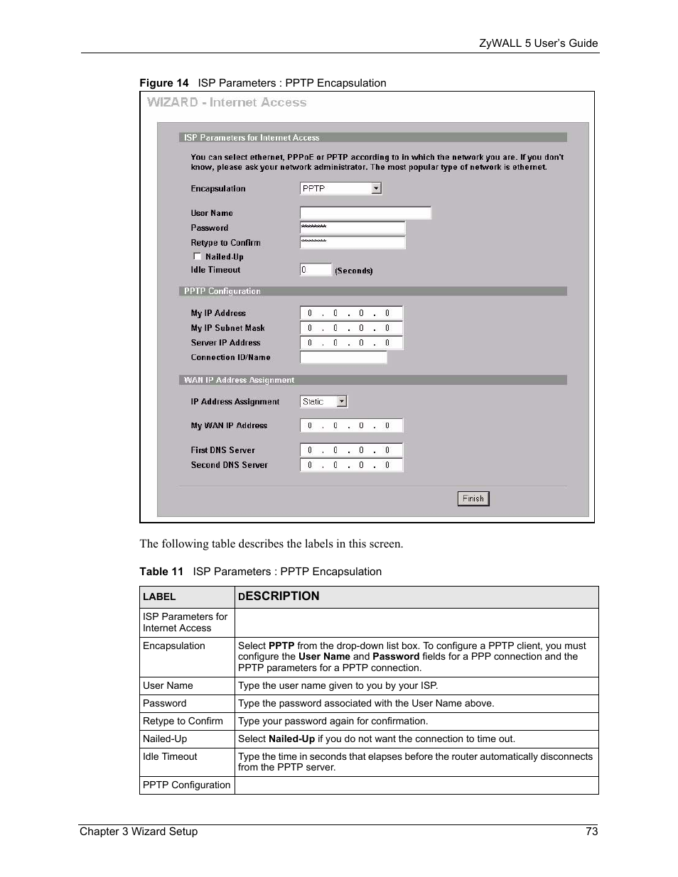 Figure 14 isp parameters : pptp encapsulation, Table 11 isp parameters : pptp encapsulation | ZyXEL Communications ZyXEL ZyWALL 5 User Manual | Page 74 / 667