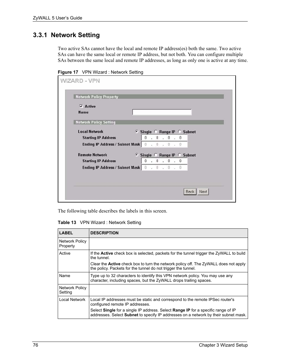 1 network setting, Figure 17 vpn wizard : network setting, Table 13 vpn wizard : network setting | ZyXEL Communications ZyXEL ZyWALL 5 User Manual | Page 77 / 667