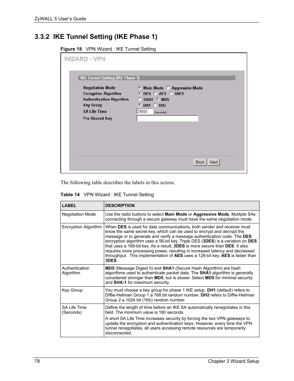 2 ike tunnel setting (ike phase 1), Figure 18 vpn wizard : ike tunnel setting, Table 14 vpn wizard : ike tunnel setting | ZyXEL Communications ZyXEL ZyWALL 5 User Manual | Page 79 / 667