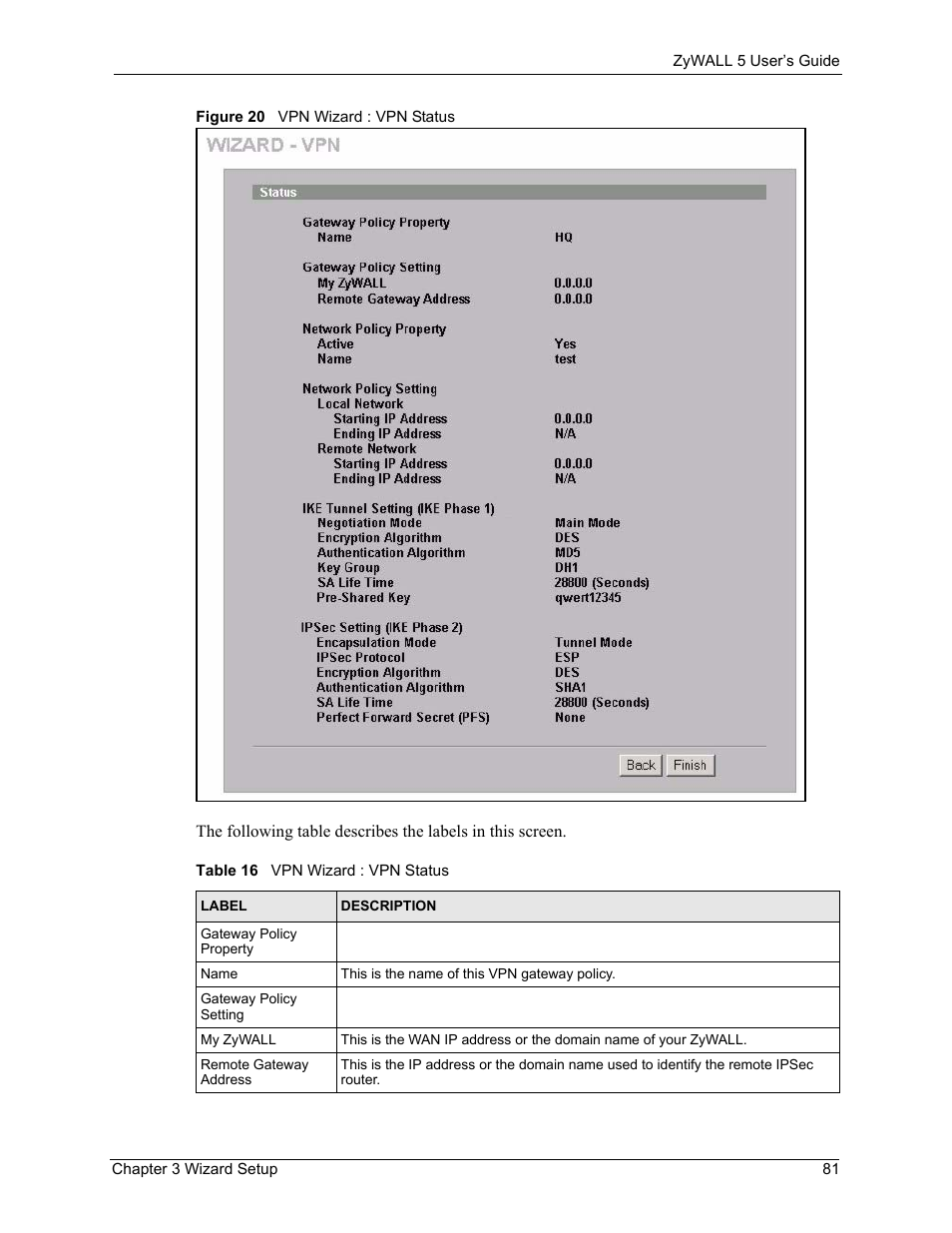 Figure 20 vpn wizard : vpn status, Table 16 vpn wizard : vpn status | ZyXEL Communications ZyXEL ZyWALL 5 User Manual | Page 82 / 667