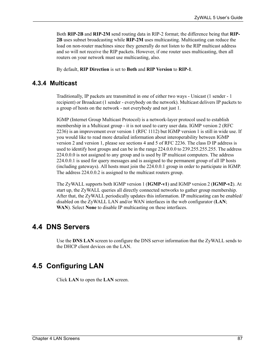 4 multicast, 4 dns servers, 5 configuring lan | 4 dns servers 4.5 configuring lan | ZyXEL Communications ZyXEL ZyWALL 5 User Manual | Page 88 / 667