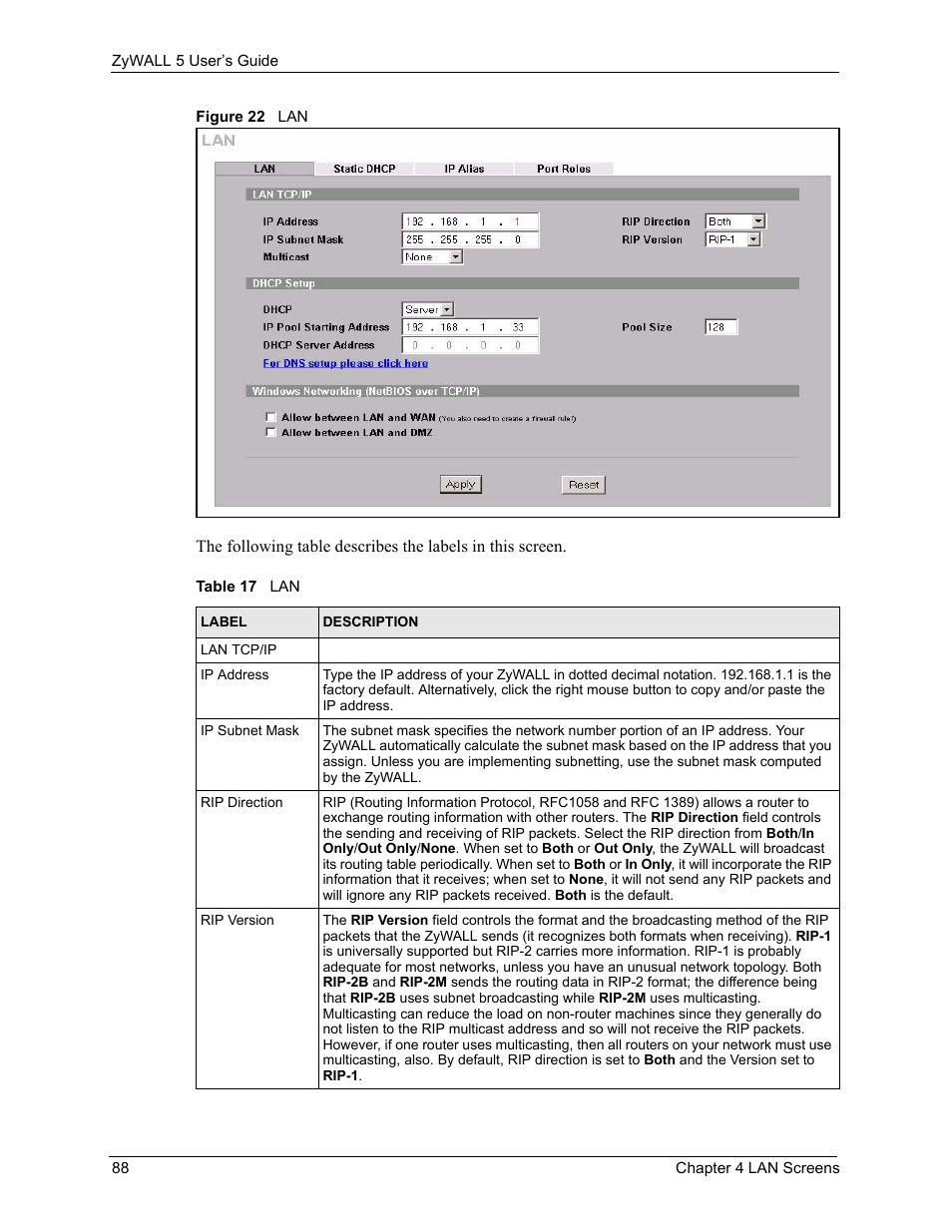 Figure 22 lan, Table 17 lan | ZyXEL Communications ZyXEL ZyWALL 5 User Manual | Page 89 / 667