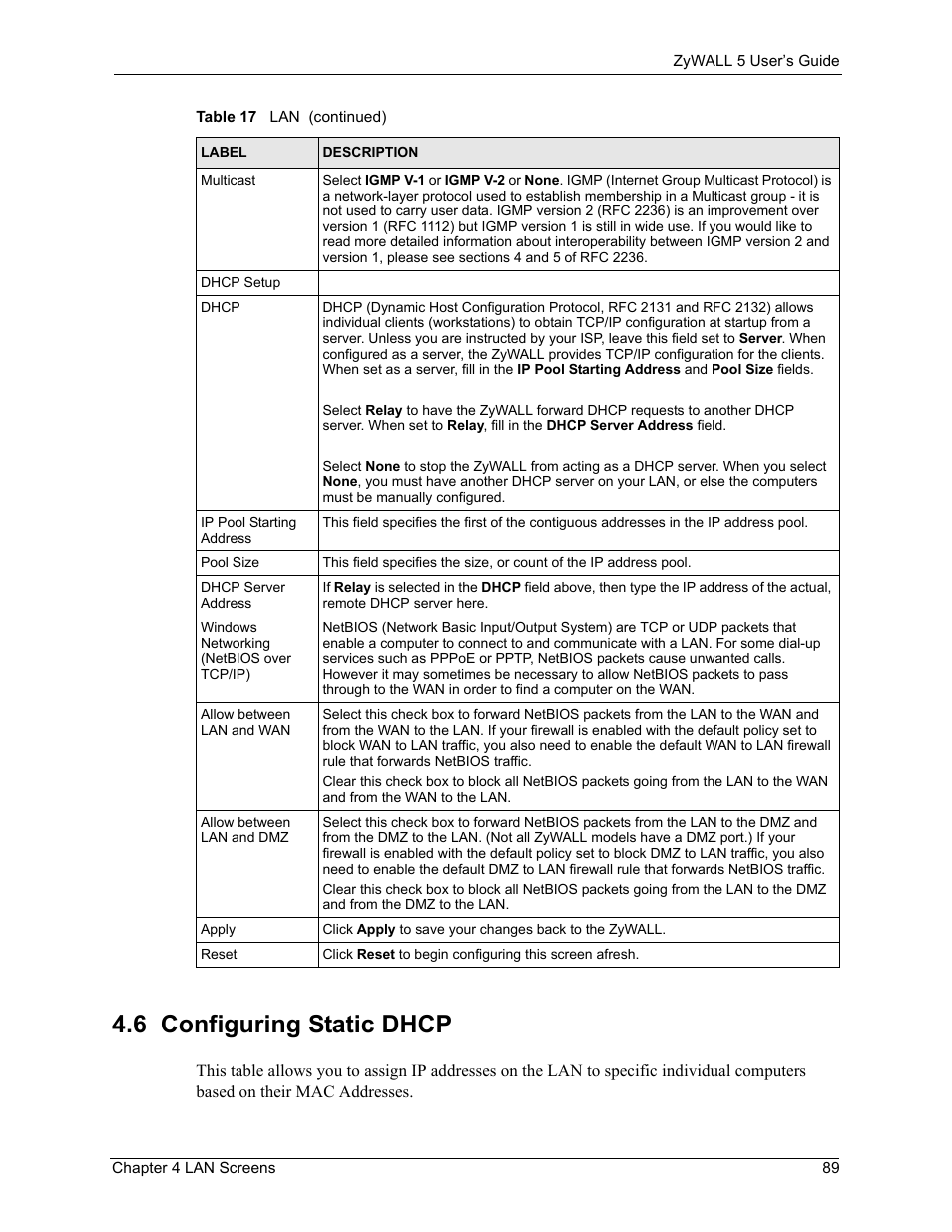 6 configuring static dhcp | ZyXEL Communications ZyXEL ZyWALL 5 User Manual | Page 90 / 667