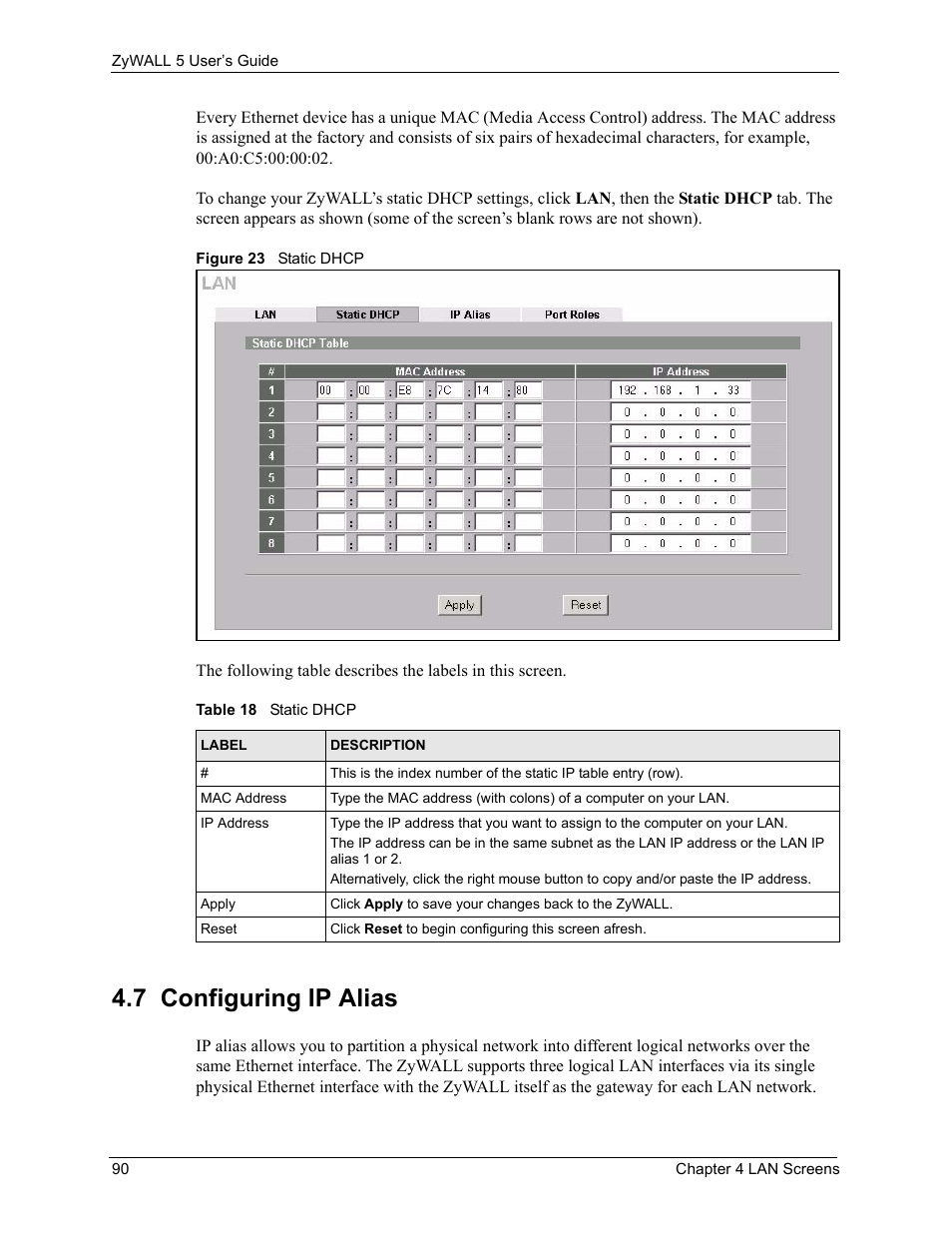 7 configuring ip alias, Figure 23 static dhcp, Table 18 static dhcp | ZyXEL Communications ZyXEL ZyWALL 5 User Manual | Page 91 / 667