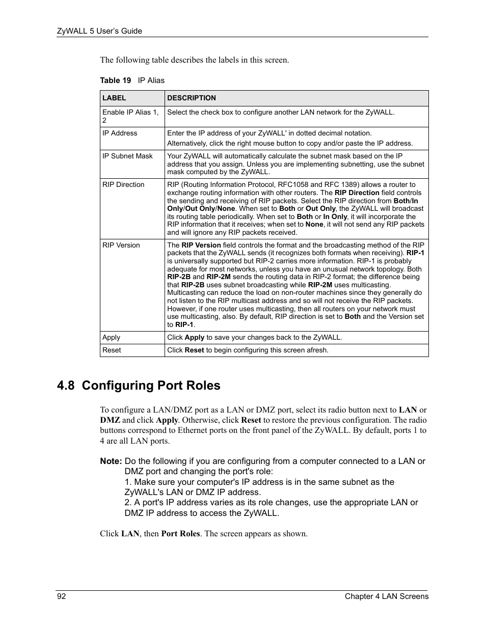 8 configuring port roles, Table 19 ip alias | ZyXEL Communications ZyXEL ZyWALL 5 User Manual | Page 93 / 667