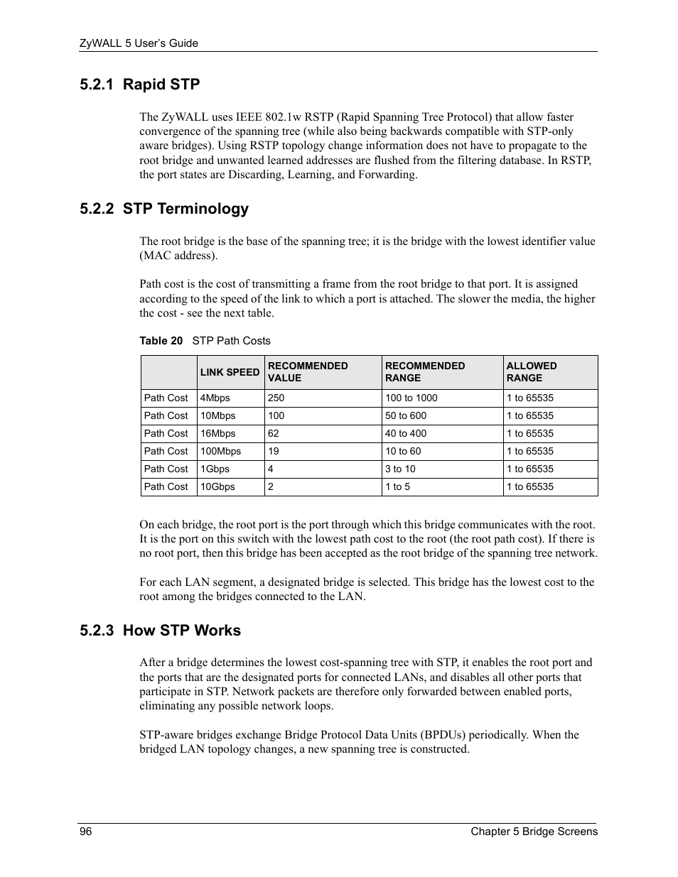 1 rapid stp, 2 stp terminology, 3 how stp works | Table 20 stp path costs | ZyXEL Communications ZyXEL ZyWALL 5 User Manual | Page 97 / 667