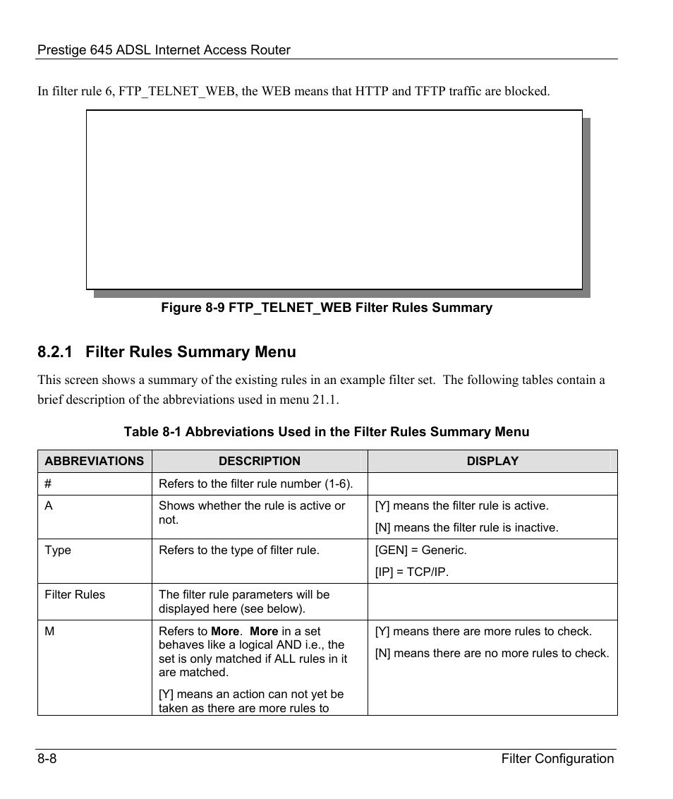 Filter rules summary menu, 1 filter rules summary menu | ZyXEL Communications Prestige 645R User Manual | Page 107 / 180