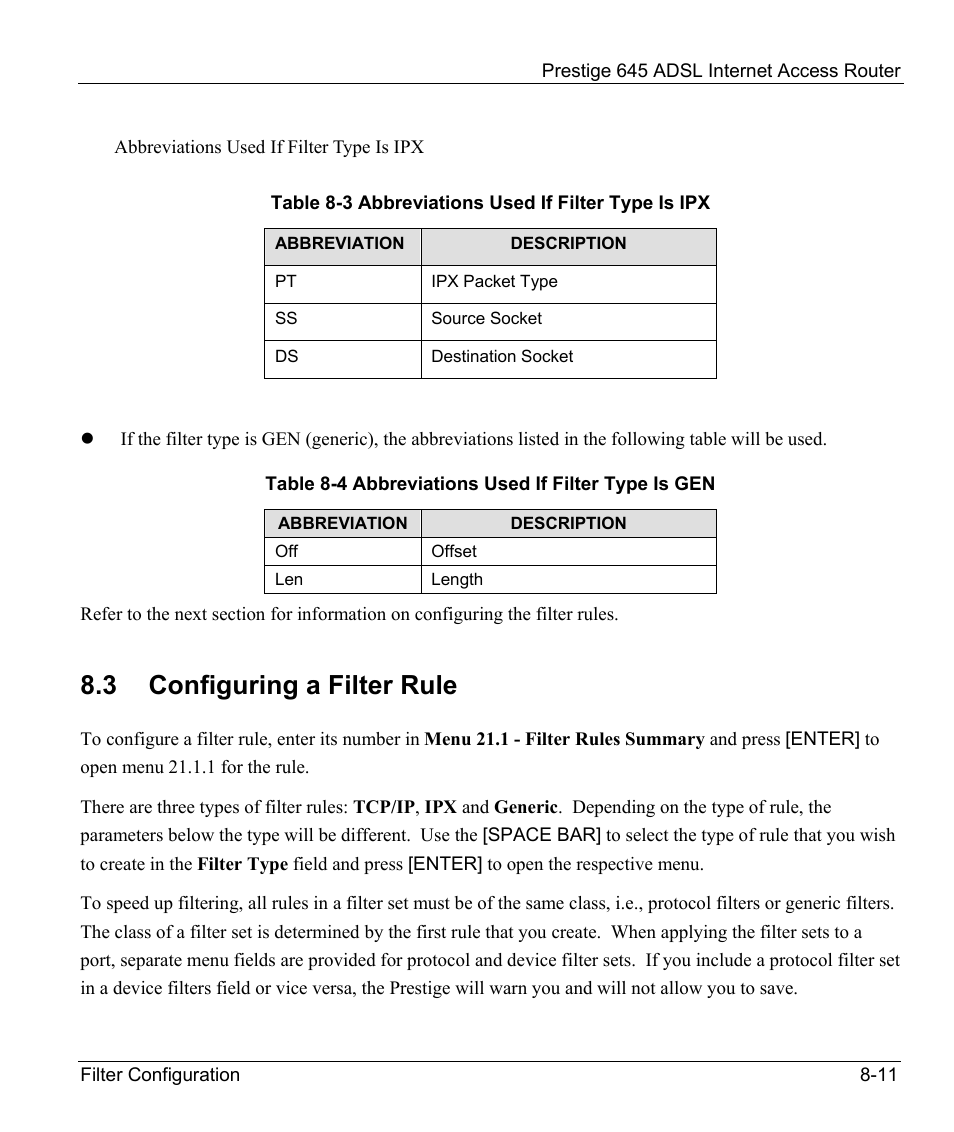 Configuring a filter rule, Tcp/ip filter rule, 3 configuring a filter rule | ZyXEL Communications Prestige 645R User Manual | Page 110 / 180